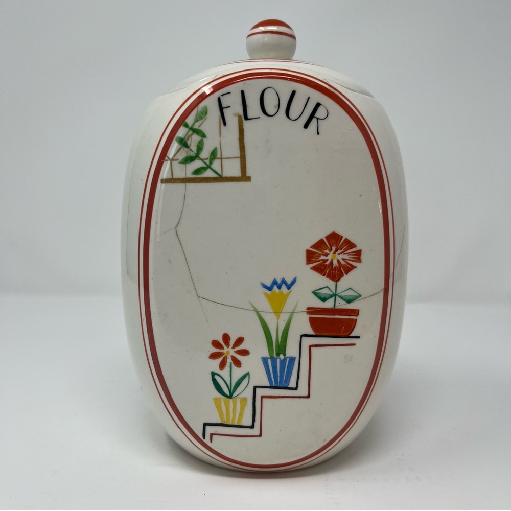 Vintage Ceramic Flour Canister with Floral Design Antique. Japanese